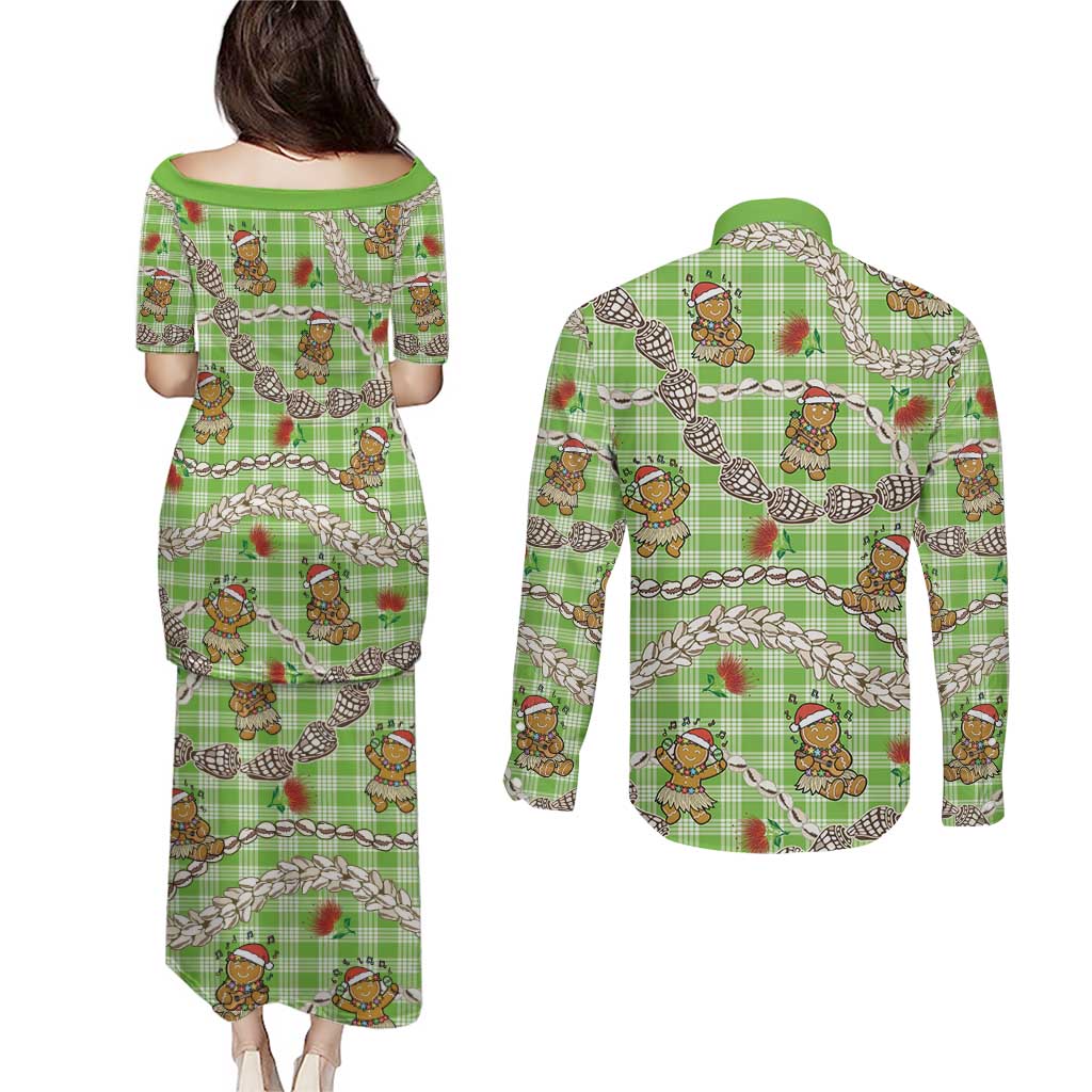 Green Palaka Hawaii Mele Kalikimaka Couples Matching Puletasi and Long Sleeve Button Shirt Ohia Lehua Shell Leis Funny Gingerbread Santa - Polynesian Pride