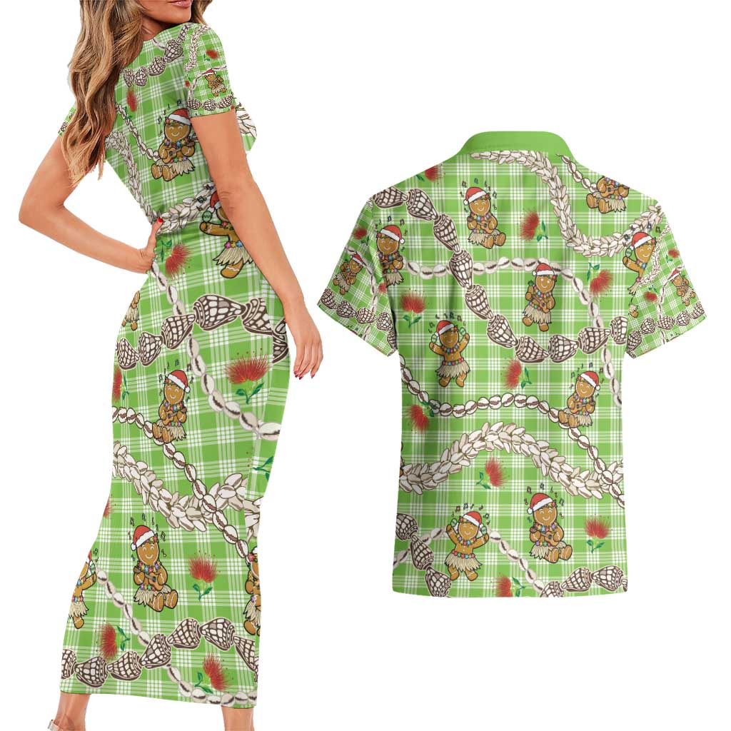Green Palaka Hawaii Mele Kalikimaka Couples Matching Short Sleeve Bodycon Dress and Hawaiian Shirt Ohia Lehua Shell Leis Funny Gingerbread Santa - Polynesian Pride