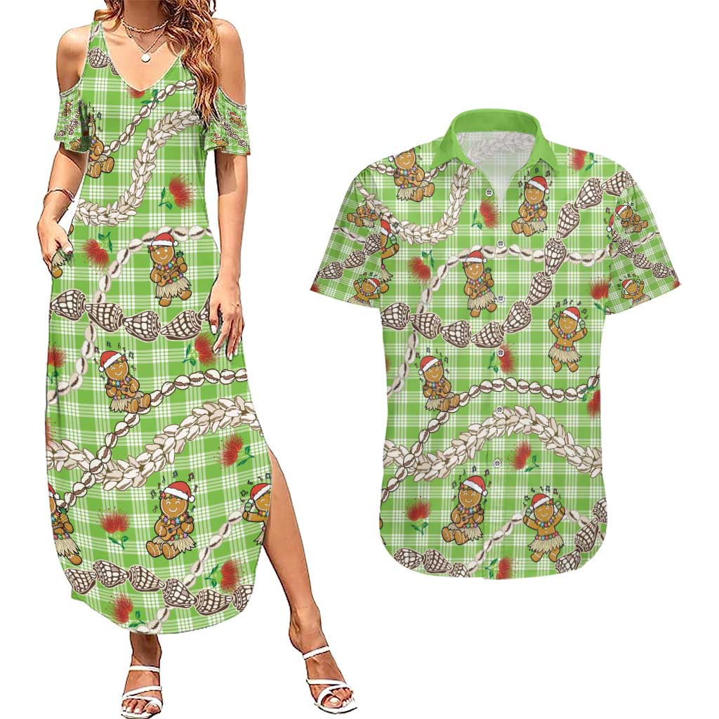 Green Palaka Hawaii Mele Kalikimaka Couples Matching Summer Maxi Dress and Hawaiian Shirt Ohia Lehua Shell Leis Funny Gingerbread Santa - Polynesian Pride