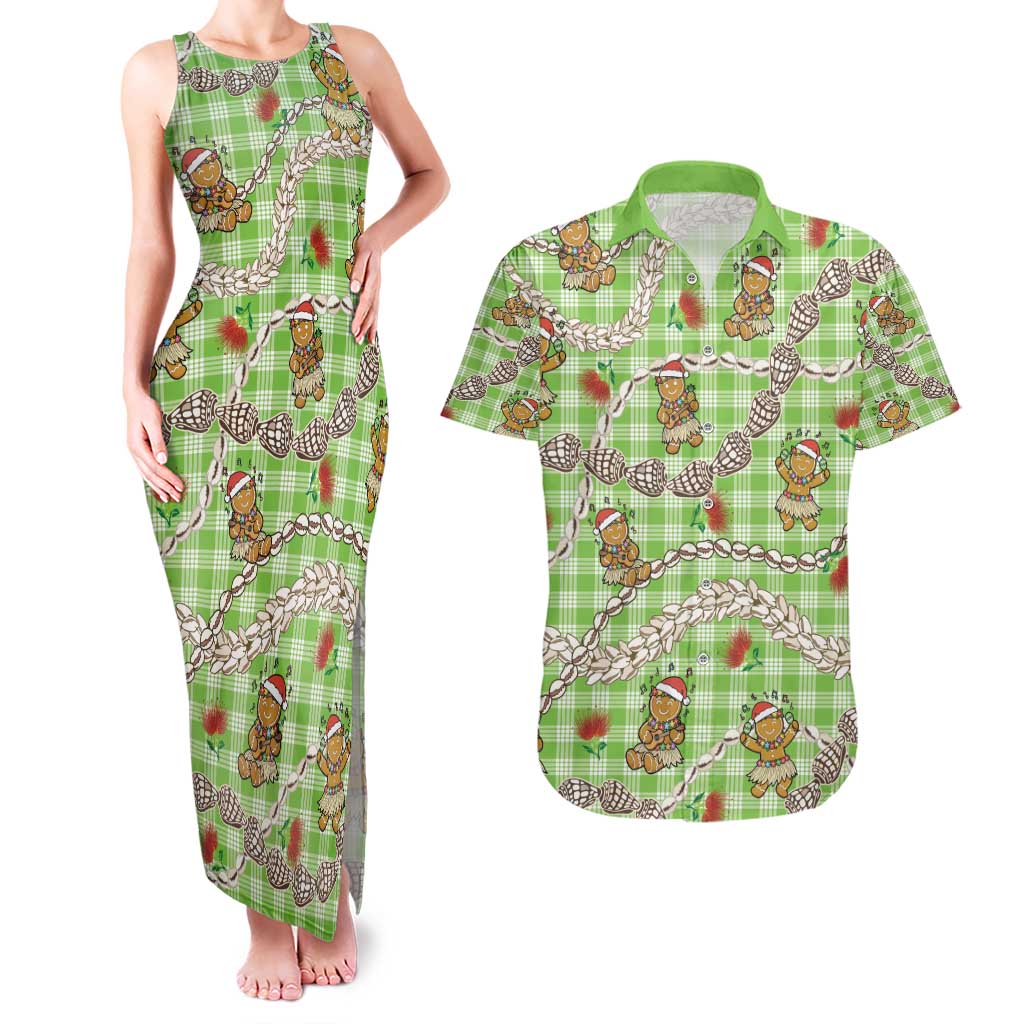 Green Palaka Hawaii Mele Kalikimaka Couples Matching Tank Maxi Dress and Hawaiian Shirt Ohia Lehua Shell Leis Funny Gingerbread Santa - Polynesian Pride