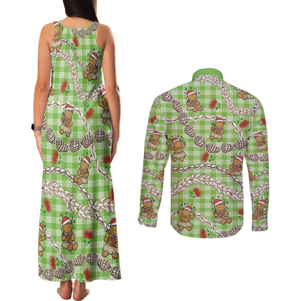 Green Palaka Hawaii Mele Kalikimaka Couples Matching Tank Maxi Dress and Long Sleeve Button Shirt Ohia Lehua Shell Leis Funny Gingerbread Santa - Polynesian Pride