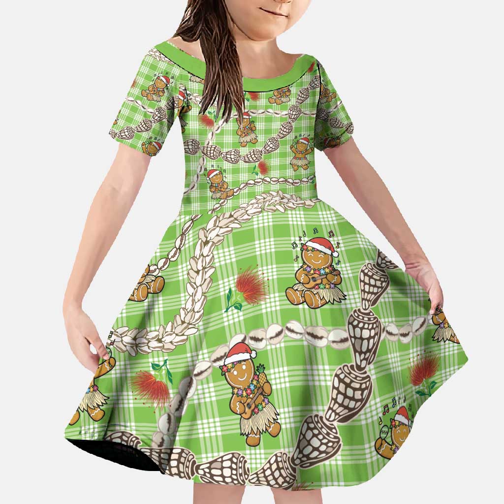 Green Palaka Hawaii Mele Kalikimaka Family Matching Long Sleeve Bodycon Dress and Hawaiian Shirt Ohia Lehua Shell Leis Funny Gingerbread Santa - Polynesian Pride