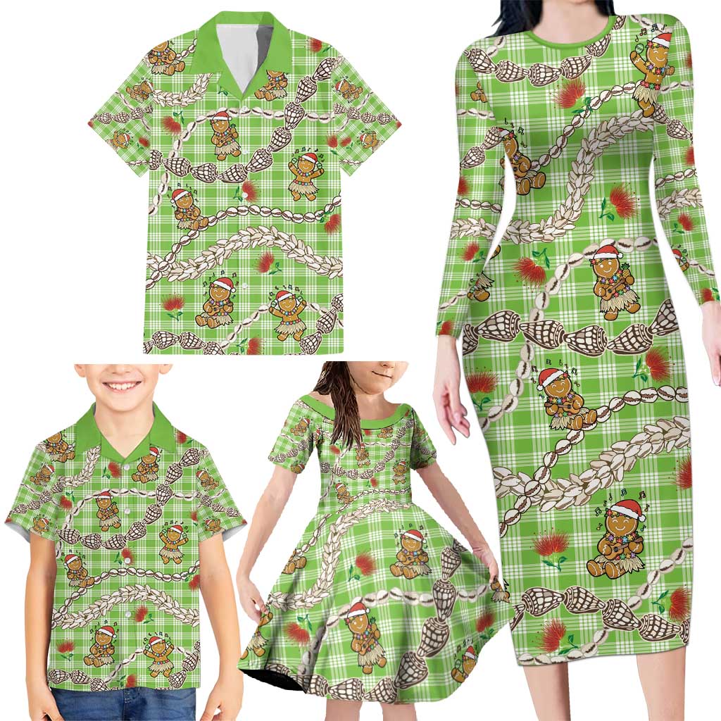 Green Palaka Hawaii Mele Kalikimaka Family Matching Long Sleeve Bodycon Dress and Hawaiian Shirt Ohia Lehua Shell Leis Funny Gingerbread Santa - Polynesian Pride