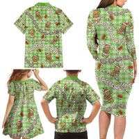 Green Palaka Hawaii Mele Kalikimaka Family Matching Long Sleeve Bodycon Dress and Hawaiian Shirt Ohia Lehua Shell Leis Funny Gingerbread Santa - Polynesian Pride