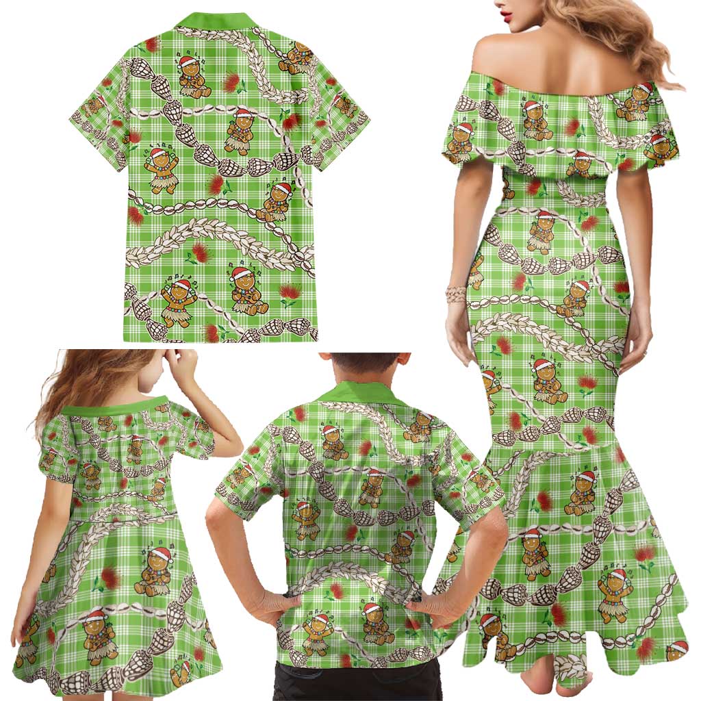 Green Palaka Hawaii Mele Kalikimaka Family Matching Mermaid Dress and Hawaiian Shirt Ohia Lehua Shell Leis Funny Gingerbread Santa - Polynesian Pride