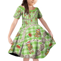 Green Palaka Hawaii Mele Kalikimaka Family Matching Off Shoulder Short Dress and Hawaiian Shirt Ohia Lehua Shell Leis Funny Gingerbread Santa - Polynesian Pride