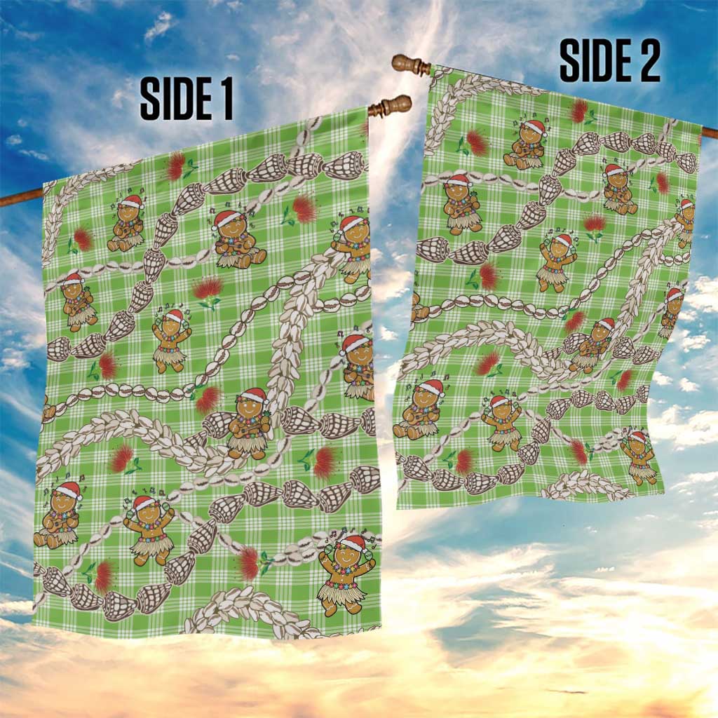 Green Palaka Hawaii Mele Kalikimaka Garden Flag Ohia Lehua Shell Leis Funny Gingerbread Santa - Polynesian Pride