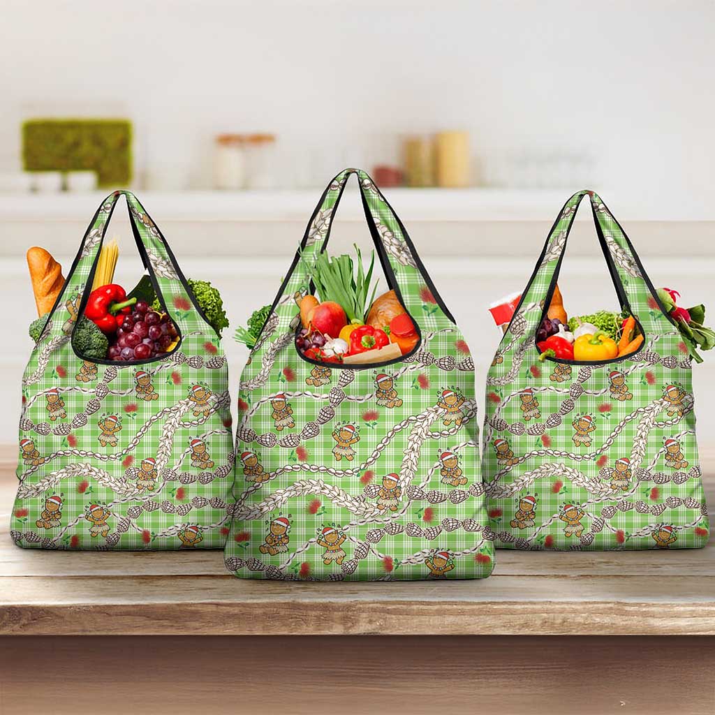Green Palaka Hawaii Mele Kalikimaka Grocery Bag Ohia Lehua Shell Leis Funny Gingerbread Santa LT14 3-pack One Size Green - Polynesian Pride