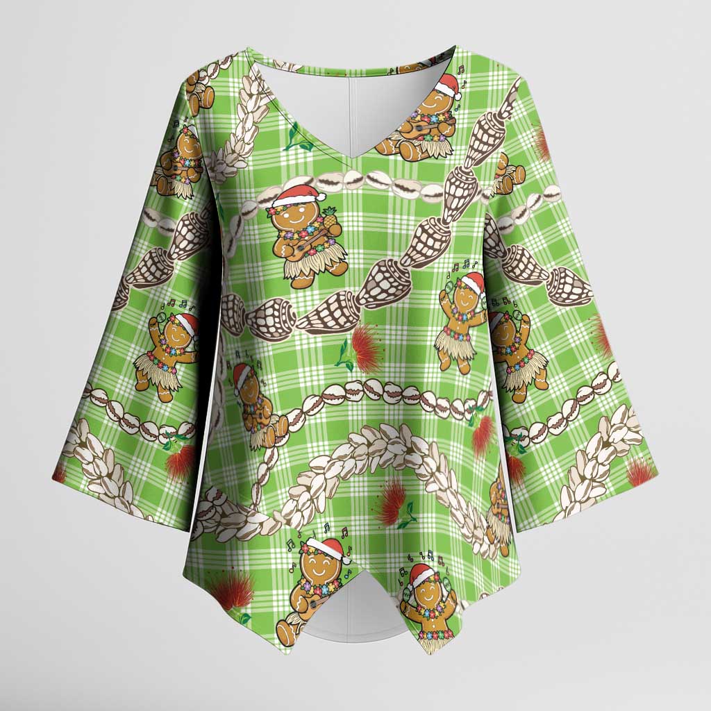 Green Palaka Hawaii Mele Kalikimaka Kimono Sleeve Blouse Ohia Lehua Shell Leis Funny Gingerbread Santa LT14 Female Green - Polynesian Pride