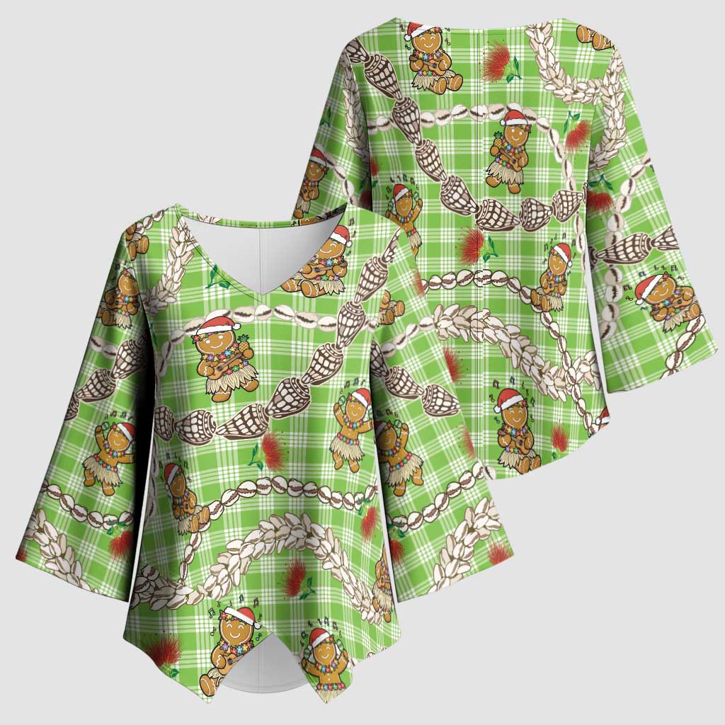 Green Palaka Hawaii Mele Kalikimaka Kimono Sleeve Blouse Ohia Lehua Shell Leis Funny Gingerbread Santa LT14 - Polynesian Pride