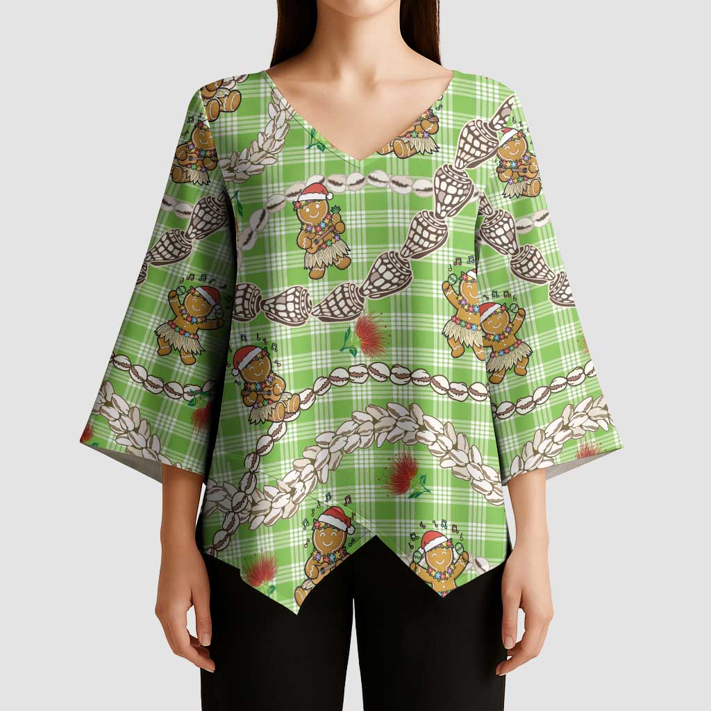 Green Palaka Hawaii Mele Kalikimaka Kimono Sleeve Blouse Ohia Lehua Shell Leis Funny Gingerbread Santa LT14 - Polynesian Pride