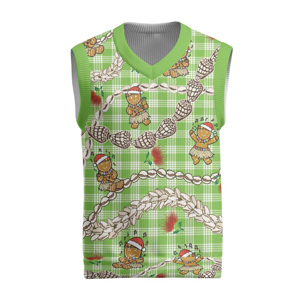 Green Palaka Hawaii Mele Kalikimaka Christmas Knitted V-Neck Vest Ohia Lehua Shell Leis Funny Gingerbread Santa LT14 Green - Polynesian Pride