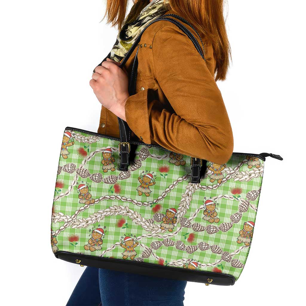 Green Palaka Hawaii Mele Kalikimaka Leather Tote Bag Ohia Lehua Shell Leis Funny Gingerbread Santa LT14 Green - Polynesian Pride