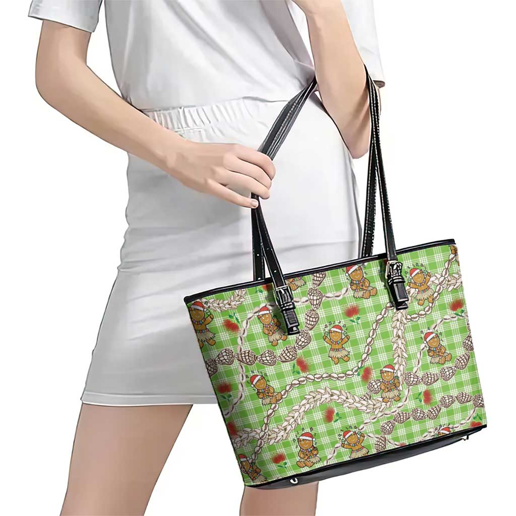 Green Palaka Hawaii Mele Kalikimaka Leather Tote Bag Ohia Lehua Shell Leis Funny Gingerbread Santa LT14 - Polynesian Pride