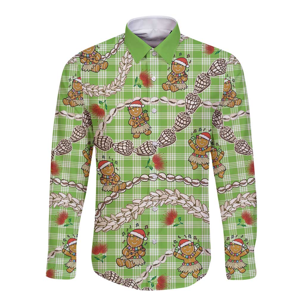 Green Palaka Hawaii Mele Kalikimaka Long Sleeve Button Shirt Ohia Lehua Shell Leis Funny Gingerbread Santa LT14 Unisex Green - Polynesian Pride