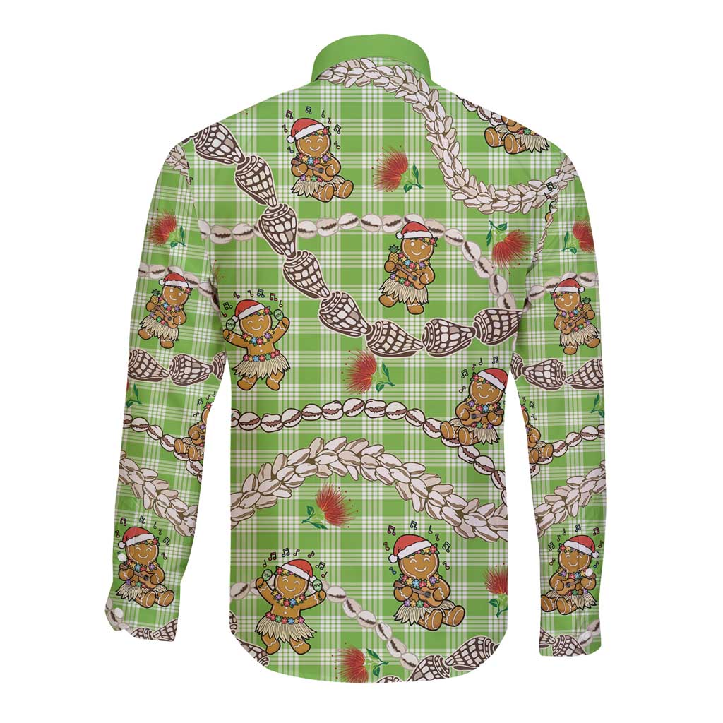Green Palaka Hawaii Mele Kalikimaka Long Sleeve Button Shirt Ohia Lehua Shell Leis Funny Gingerbread Santa LT14 - Polynesian Pride