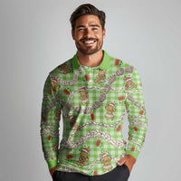 Green Palaka Hawaii Mele Kalikimaka Long Sleeve Polo Shirt Ohia Lehua Shell Leis Funny Gingerbread Santa LT14 - Polynesian Pride