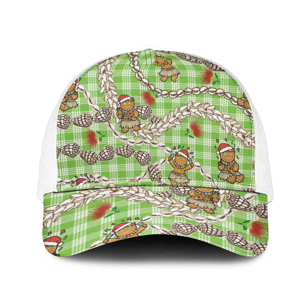 Green Palaka Hawaii Mele Kalikimaka Mesh Trucker Cap Ohia Lehua Shell Leis Funny Gingerbread Santa - Polynesian Pride