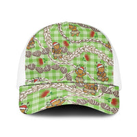 Green Palaka Hawaii Mele Kalikimaka Mesh Trucker Cap Ohia Lehua Shell Leis Funny Gingerbread Santa - Polynesian Pride
