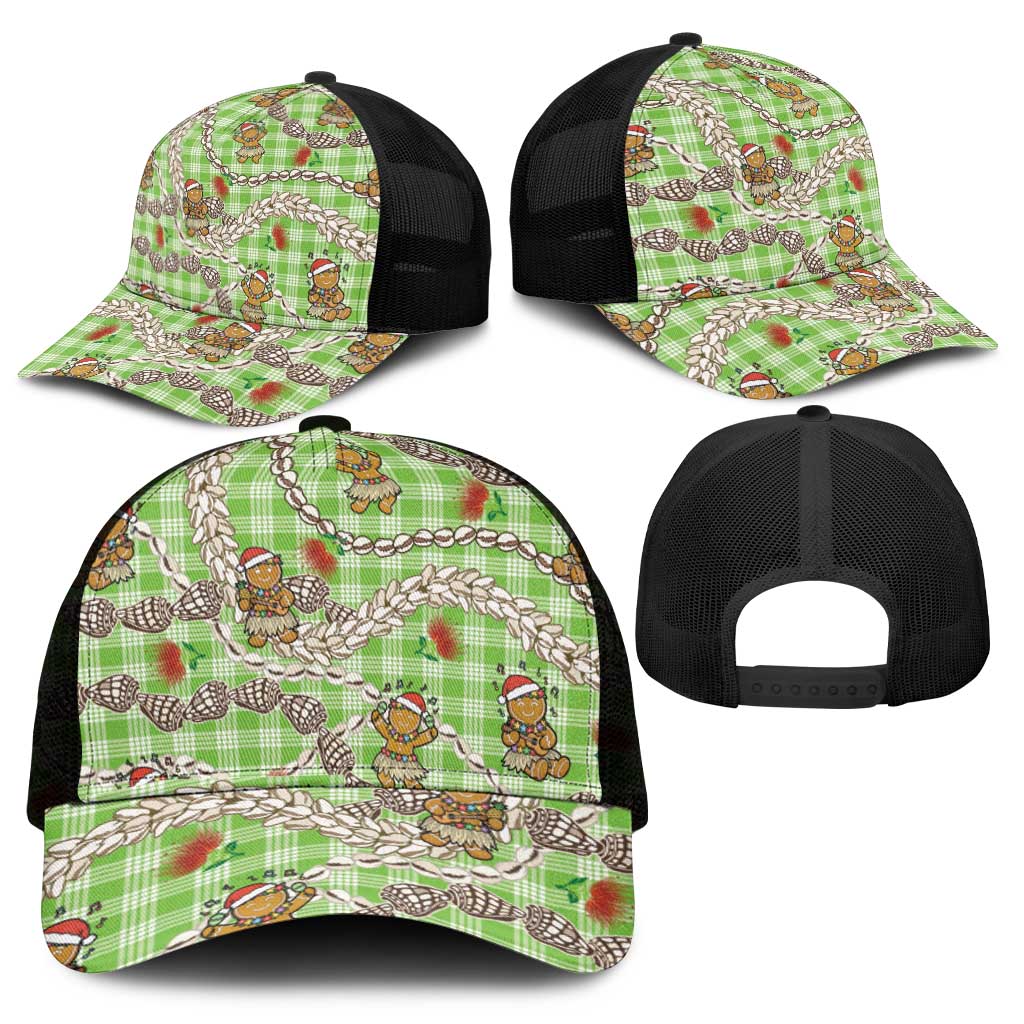 Green Palaka Hawaii Mele Kalikimaka Mesh Trucker Cap Ohia Lehua Shell Leis Funny Gingerbread Santa - Polynesian Pride