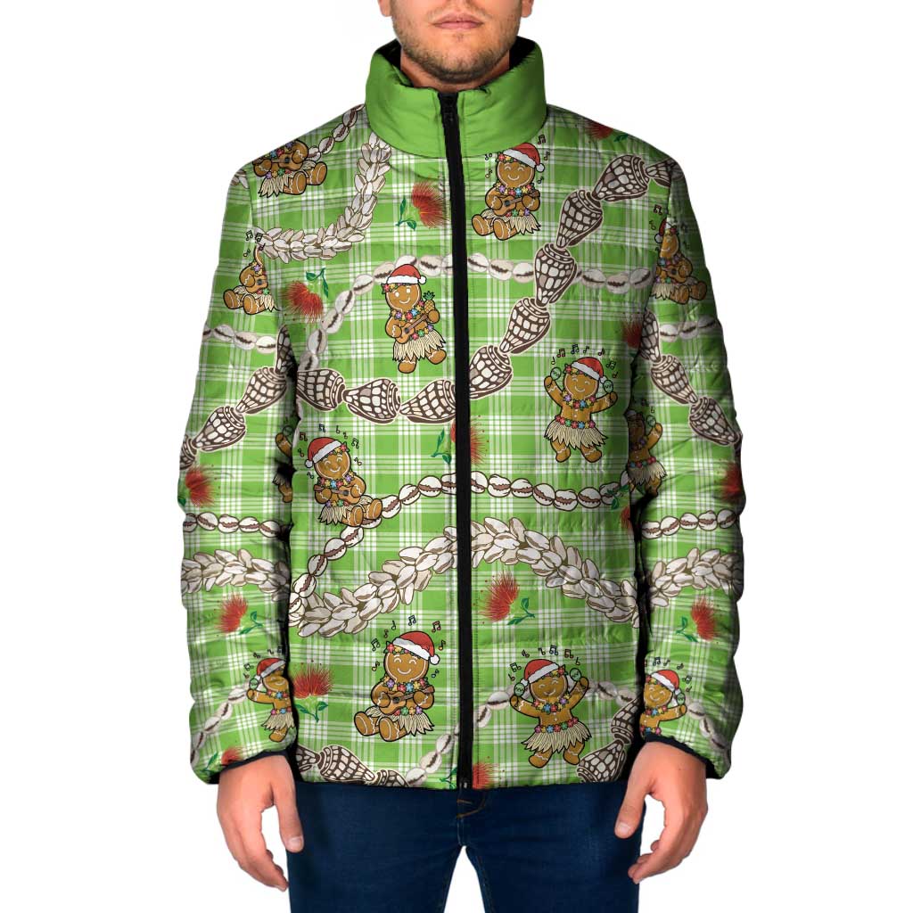 Green Palaka Hawaii Mele Kalikimaka Padded Jacket Ohia Lehua Shell Leis Funny Gingerbread Santa LT14 Men Green - Polynesian Pride