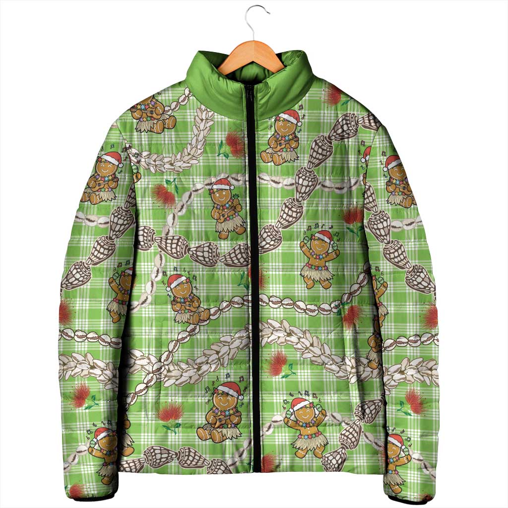 Green Palaka Hawaii Mele Kalikimaka Padded Jacket Ohia Lehua Shell Leis Funny Gingerbread Santa LT14 - Polynesian Pride
