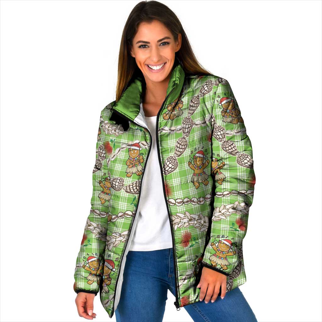 Green Palaka Hawaii Mele Kalikimaka Padded Jacket Ohia Lehua Shell Leis Funny Gingerbread Santa LT14 Women Green - Polynesian Pride
