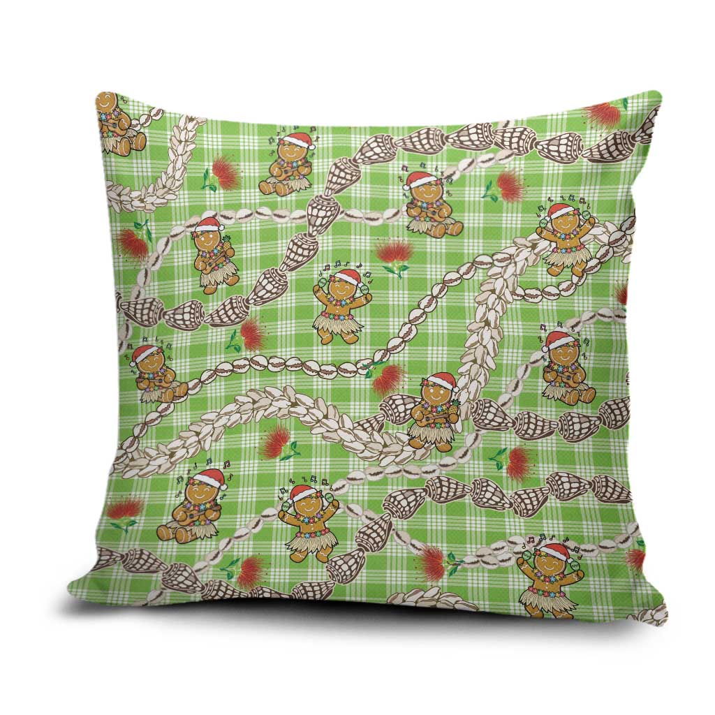 Green Palaka Hawaii Mele Kalikimaka Pillow Cover Ohia Lehua Shell Leis Funny Gingerbread Santa - Polynesian Pride