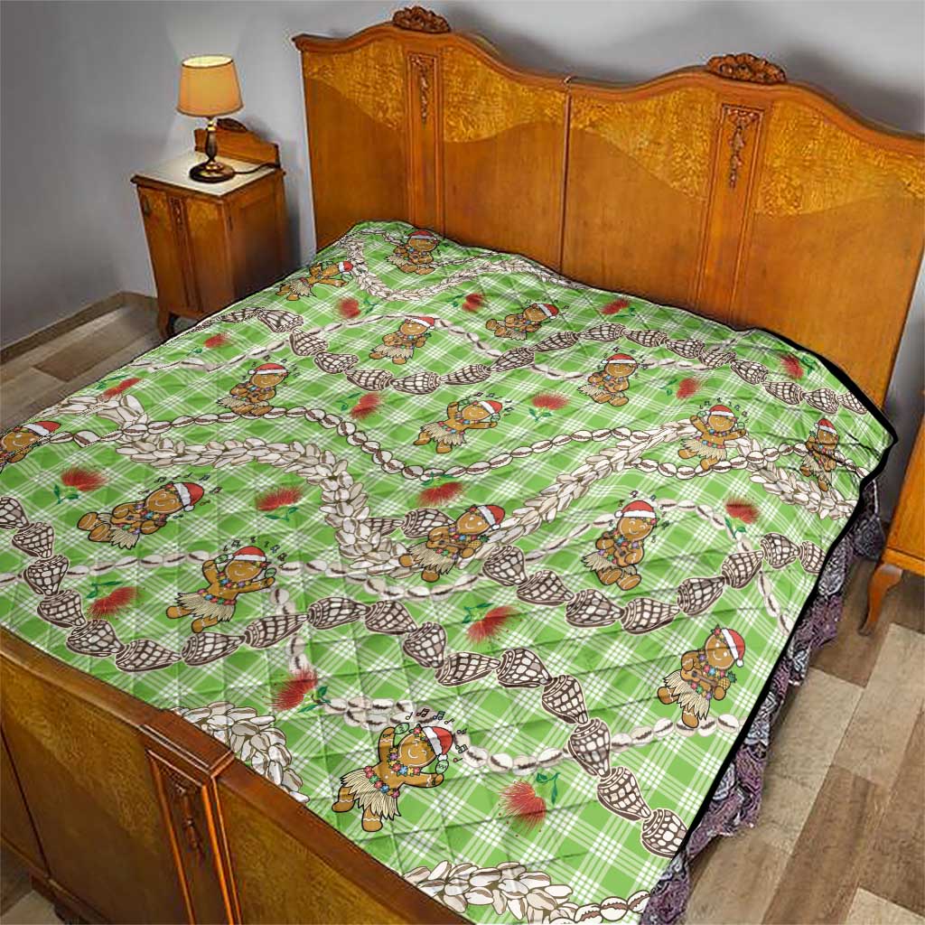 Green Palaka Hawaii Mele Kalikimaka Quilt Ohia Lehua Shell Leis Funny Gingerbread Santa - Polynesian Pride