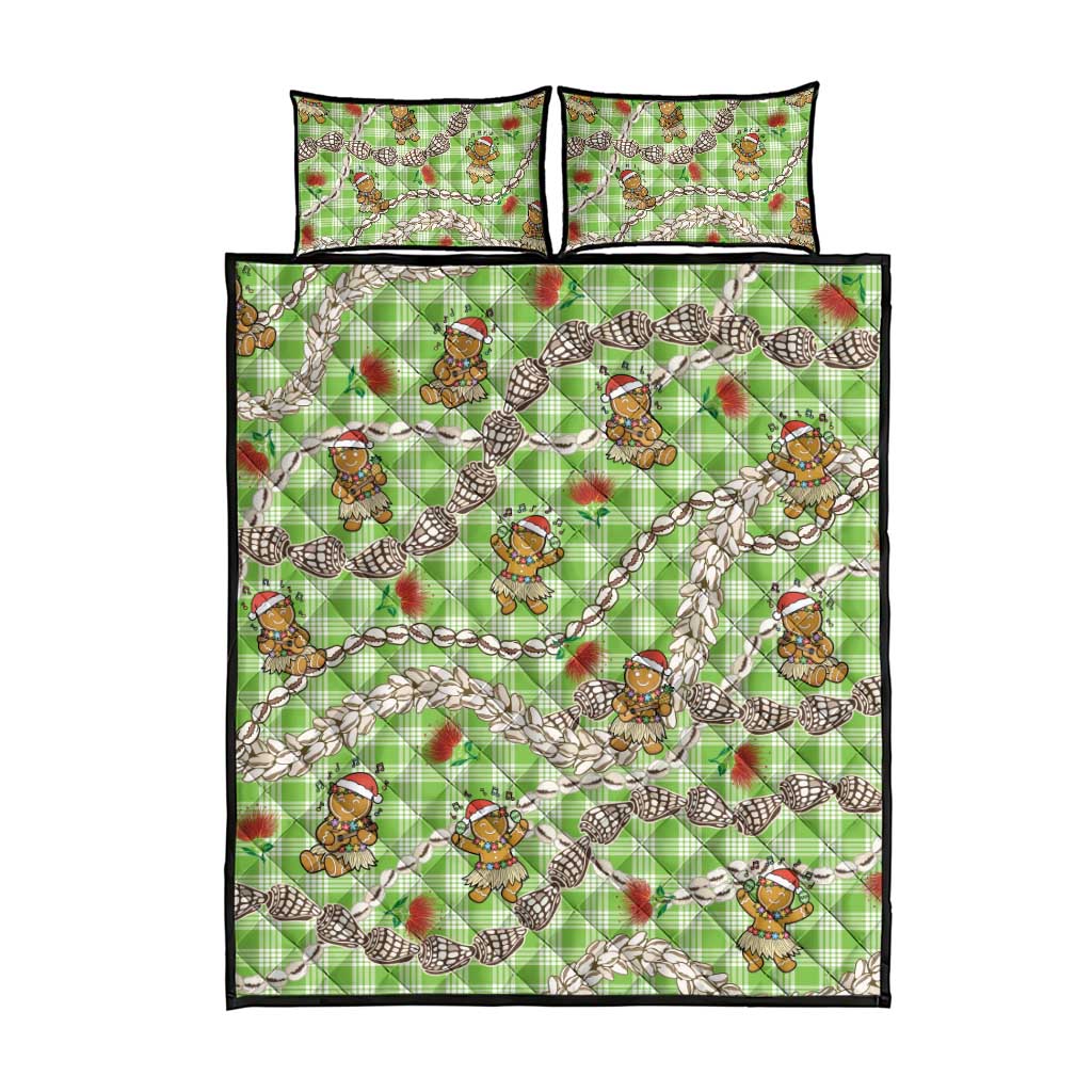 Green Palaka Hawaii Mele Kalikimaka Quilt Bed Set Ohia Lehua Shell Leis Funny Gingerbread Santa - Polynesian Pride