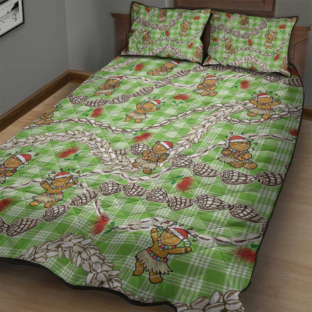 Green Palaka Hawaii Mele Kalikimaka Quilt Bed Set Ohia Lehua Shell Leis Funny Gingerbread Santa - Polynesian Pride