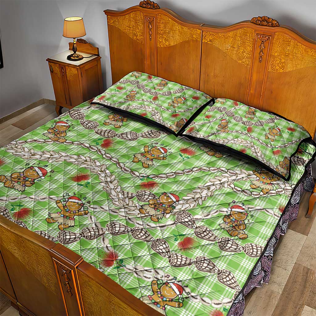 Green Palaka Hawaii Mele Kalikimaka Quilt Bed Set Ohia Lehua Shell Leis Funny Gingerbread Santa - Polynesian Pride