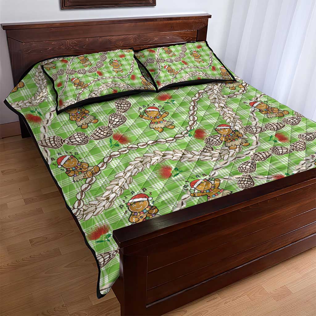 Green Palaka Hawaii Mele Kalikimaka Quilt Bed Set Ohia Lehua Shell Leis Funny Gingerbread Santa - Polynesian Pride