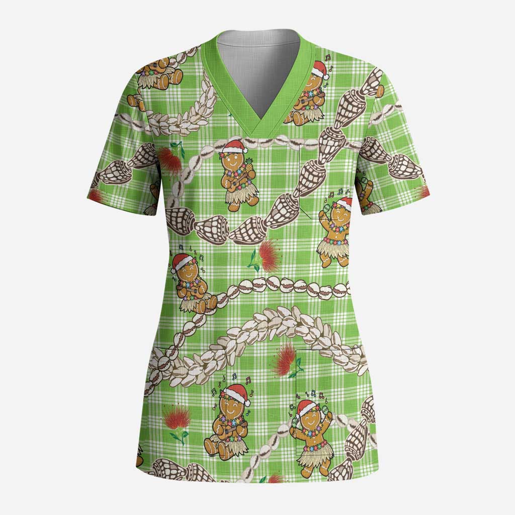 Green Palaka Hawaii Mele Kalikimaka Scrub Top Ohia Lehua Shell Leis Funny Gingerbread Santa LT14 Adult Green - Polynesian Pride