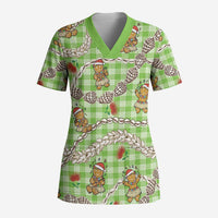 Green Palaka Hawaii Mele Kalikimaka Scrub Top Ohia Lehua Shell Leis Funny Gingerbread Santa LT14 Adult Green - Polynesian Pride