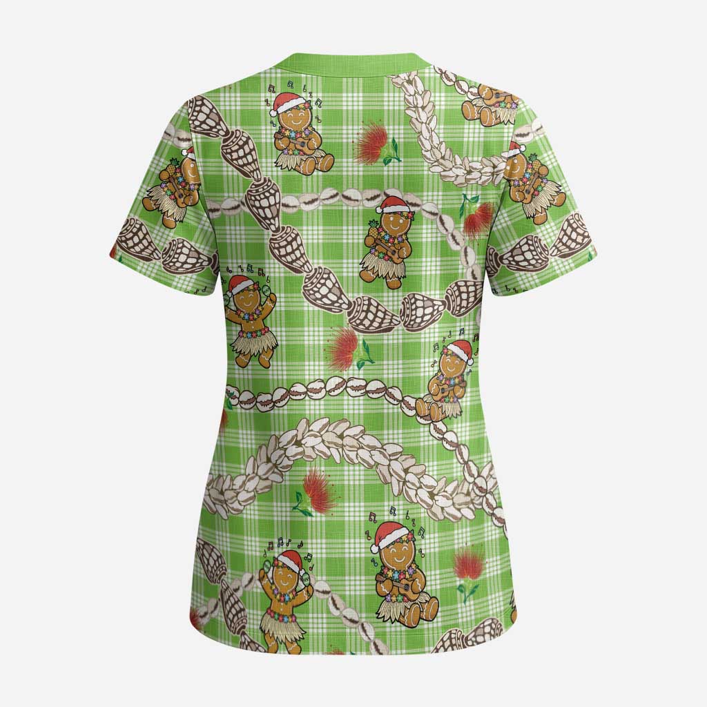 Green Palaka Hawaii Mele Kalikimaka Scrub Top Ohia Lehua Shell Leis Funny Gingerbread Santa LT14 - Polynesian Pride