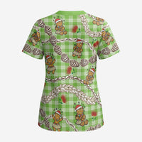 Green Palaka Hawaii Mele Kalikimaka Scrub Top Ohia Lehua Shell Leis Funny Gingerbread Santa LT14 - Polynesian Pride