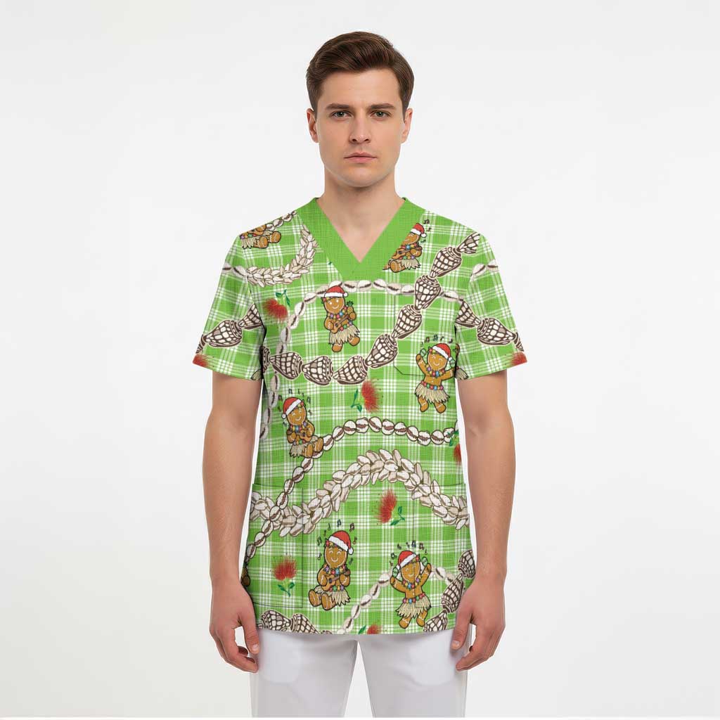 Green Palaka Hawaii Mele Kalikimaka Scrub Top Ohia Lehua Shell Leis Funny Gingerbread Santa LT14 - Polynesian Pride