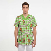 Green Palaka Hawaii Mele Kalikimaka Scrub Top Ohia Lehua Shell Leis Funny Gingerbread Santa LT14 - Polynesian Pride
