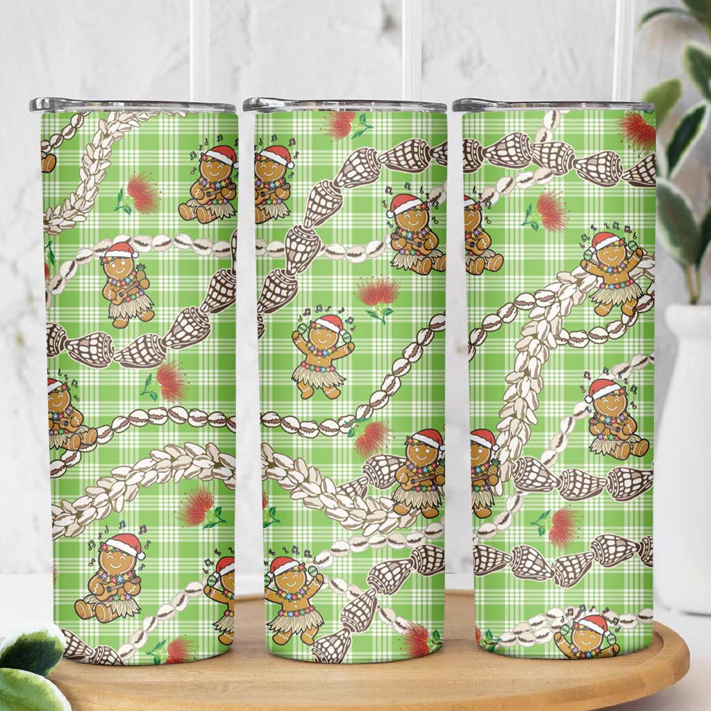 Green Palaka Hawaii Mele Kalikimaka Skinny Tumbler Ohia Lehua Shell Leis Funny Gingerbread Santa - Polynesian Pride