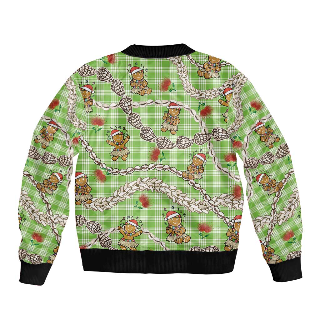 Green Palaka Hawaii Mele Kalikimaka Sleeve Zip Bomber Jacket Ohia Lehua Shell Leis Funny Gingerbread Santa - Polynesian Pride