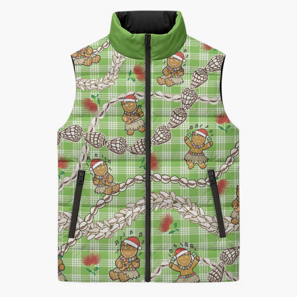 Green Palaka Hawaii Mele Kalikimaka Sleeveless Puffer Jacket Ohia Lehua Shell Leis Funny Gingerbread Santa LT14 Unisex Green - Polynesian Pride