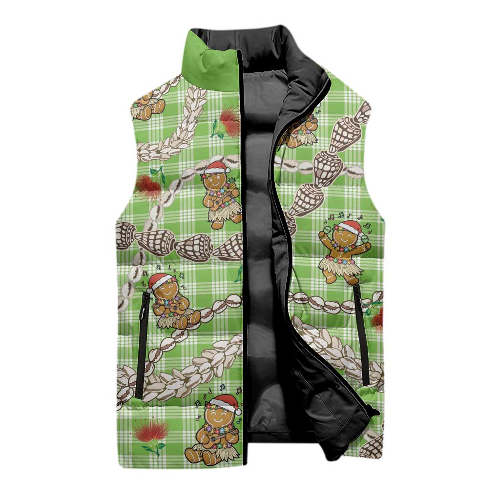 Green Palaka Hawaii Mele Kalikimaka Sleeveless Puffer Jacket Ohia Lehua Shell Leis Funny Gingerbread Santa - Polynesian Pride