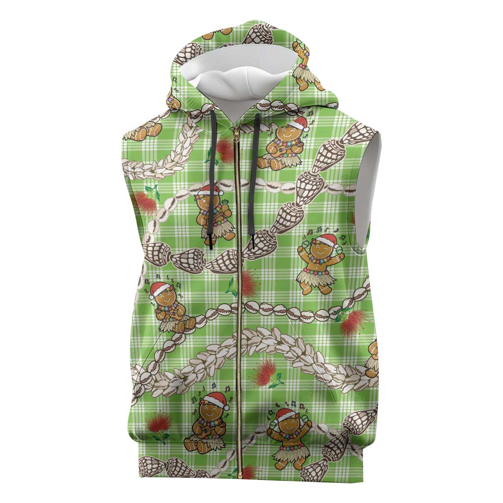 Green Palaka Hawaii Mele Kalikimaka Sleeveless Zip Hoodie Ohia Lehua Shell Leis Funny Gingerbread Santa - Polynesian Pride