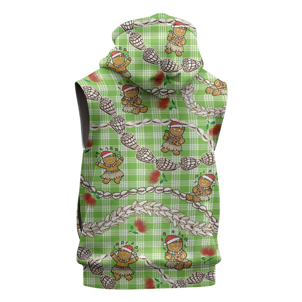 Green Palaka Hawaii Mele Kalikimaka Sleeveless Zip Hoodie Ohia Lehua Shell Leis Funny Gingerbread Santa - Polynesian Pride