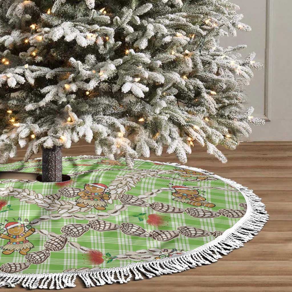 Green Palaka Hawaii Mele Kalikimaka Tree Skirt Ohia Lehua Shell Leis Funny Gingerbread Santa LT14 - Polynesian Pride