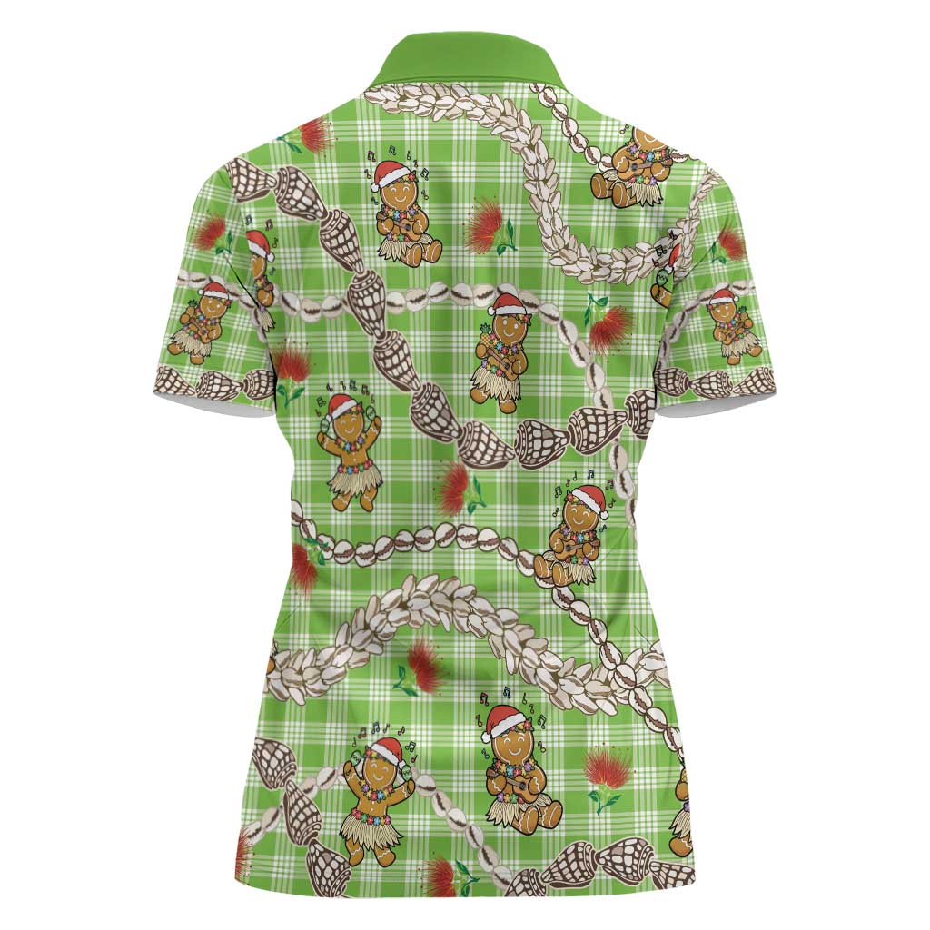 Green Palaka Hawaii Mele Kalikimaka Women Polo Shirt Ohia Lehua Shell Leis Funny Gingerbread Santa - Polynesian Pride