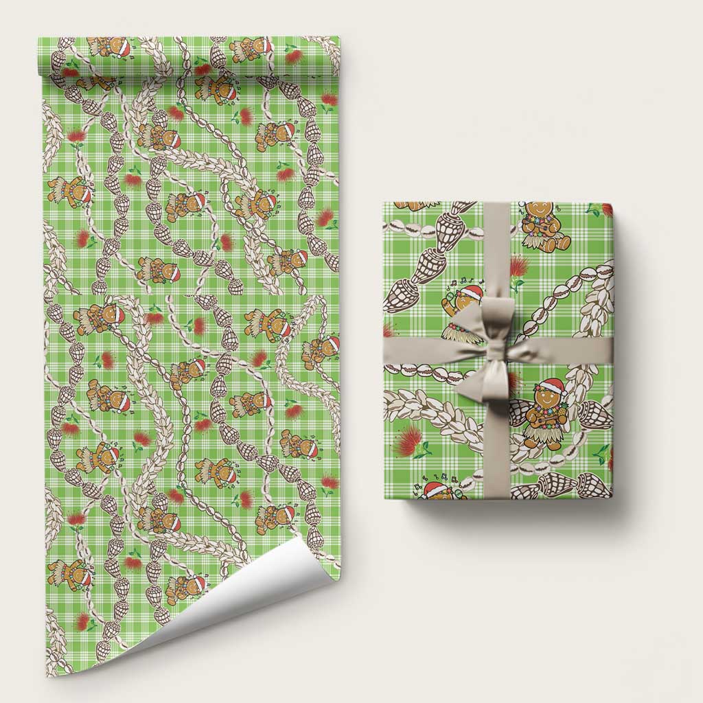 Green Palaka Hawaii Mele Kalikimaka Wrapping Paper Ohia Lehua Shell Leis Funny Gingerbread Santa LT14 58" × 23" Green - Polynesian Pride