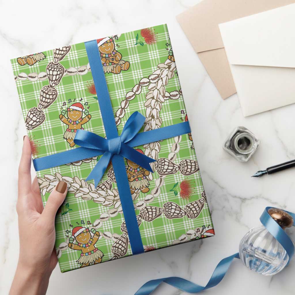 Green Palaka Hawaii Mele Kalikimaka Wrapping Paper Ohia Lehua Shell Leis Funny Gingerbread Santa LT14 - Polynesian Pride