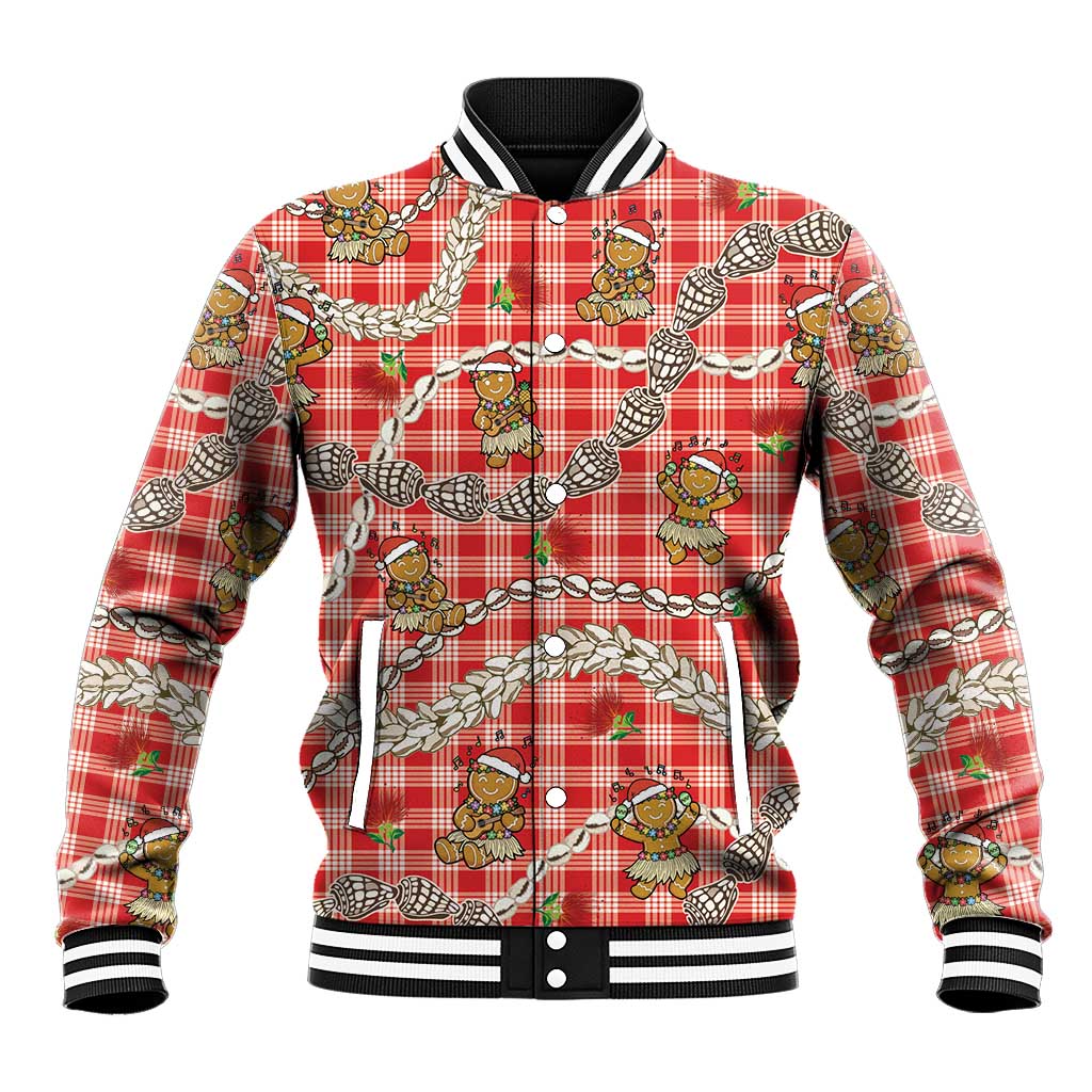Red Palaka Hawaii Mele Kalikimaka Baseball Jacket Ohia Lehua Shell Leis Funny Gingerbread Santa LT14 Unisex Red - Polynesian Pride